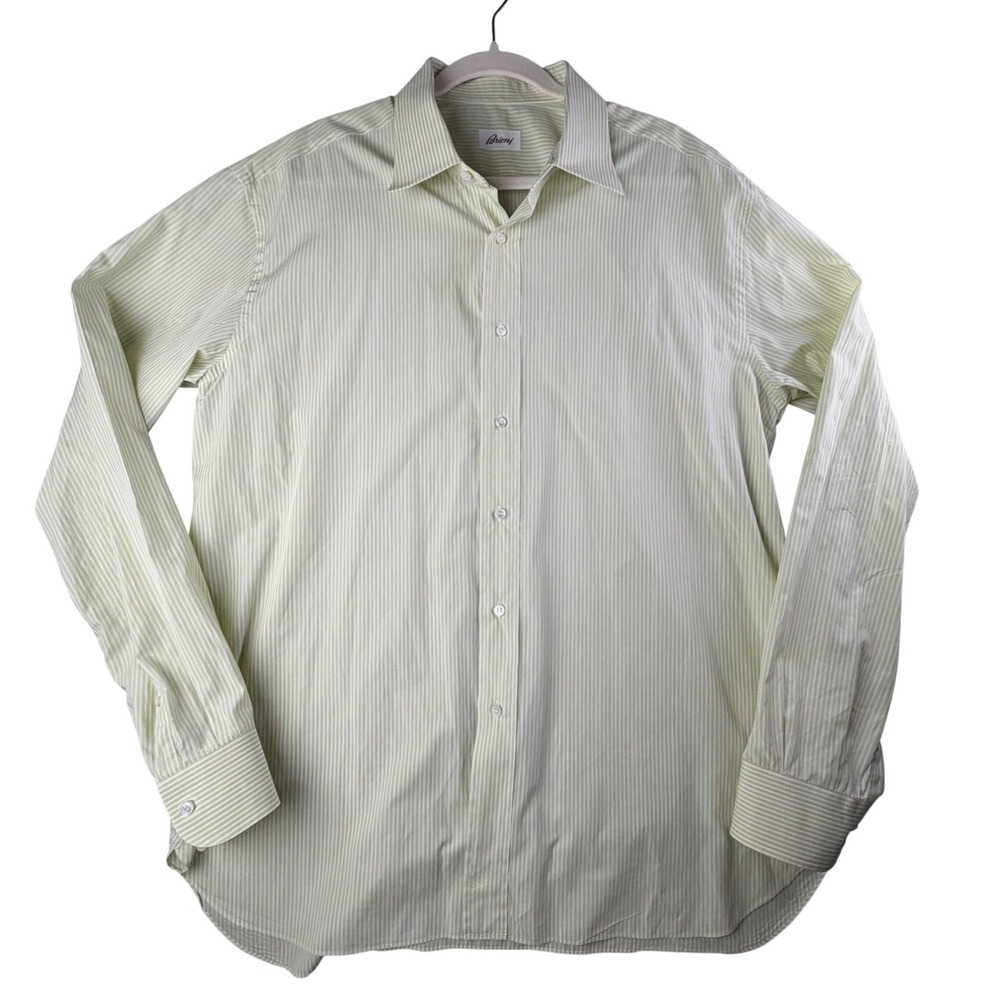 Brioni Italy Cotton Dress Shirt Green White Stripe Luxury Mens 18 L Quiet Luxury